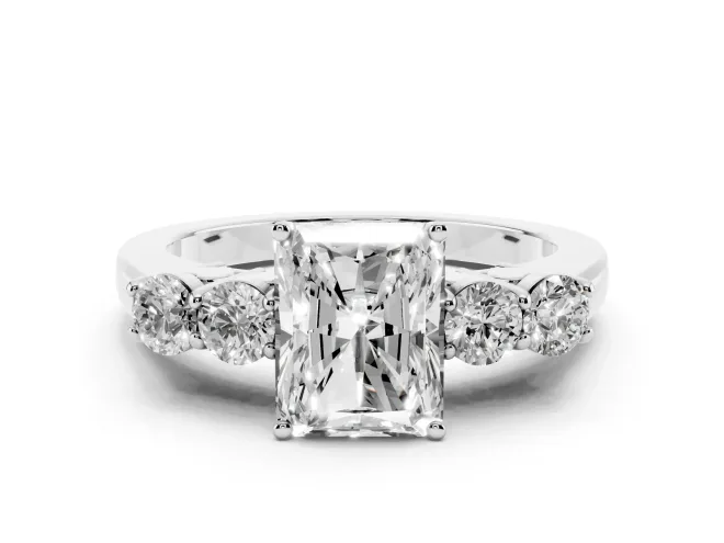 Radiant Cut Diamond Five-Stone Prong Set Band Ring Set in White gold with Polished Band