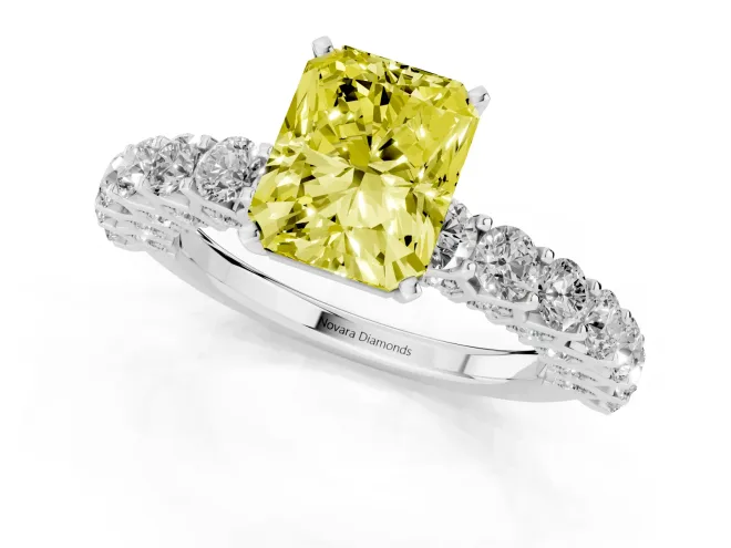 Fancy Yellow Radiant Cut Diamond Solitaire Ring Set in White gold with Shared Prong Pavé Band – second view