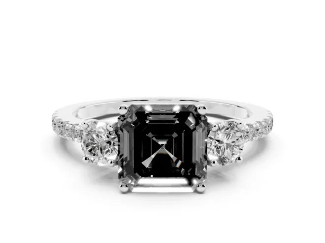 Fancy Black Asscher Cut Diamond Three-Stone Ring Set in White gold with Pavé Band and Graduated Sides