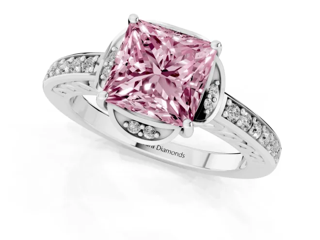 Fancy Pink Princess Cut Diamond Halo Ring Set in Platinum with Channel Set Band and Prong Setting – second view