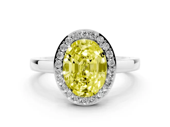 Oval Thin Halo Engagement Ring Setting for a Fancy Yellow Lab-Grown Diamond | Plain Band | Platinum