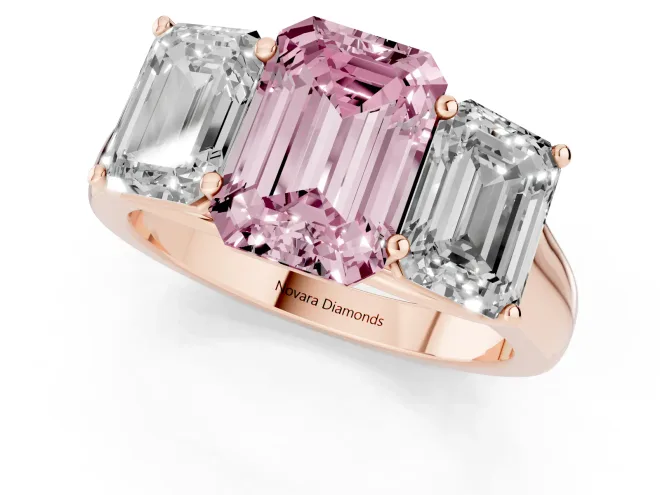 Fancy Pink Emerald Cut Diamond Three-Stone Ring Set in Rose gold with Plain Polished Band – second view