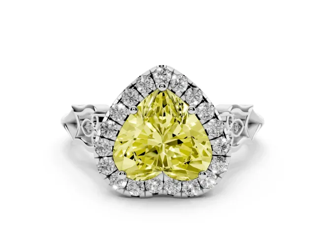 Fancy Yellow Heart Cut Diamond Halo Engagement Ring Set in Platinum with Filigree Band and Prong-Set Center