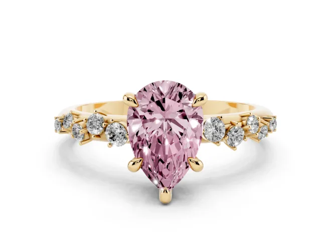 Fancy Pink Pear Cut Diamond Solitaire Vine Band Ring Set in Yellow gold with Round Accents and Prong Setting