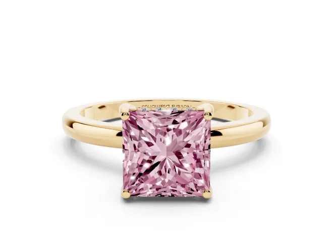 Fancy Pink Princess Cut Diamond Solitaire Ring Set in Yellow gold with Plain Band and Prong Setting
