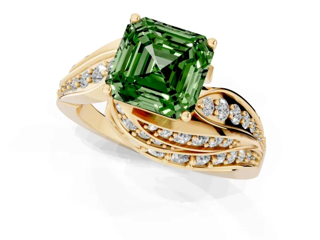 Fancy Green Asscher Cut Diamond Solitaire Ring Set in Yellow gold with Layered Twist Pavé Band – second view