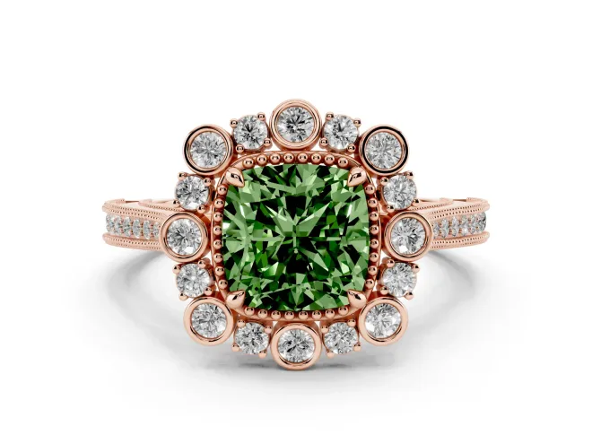 Cushion Cut Scalloped Halo Engagement Ring Setting for a Fancy Green Lab-Grown Diamond | Milgrain Edges | Rose Gold