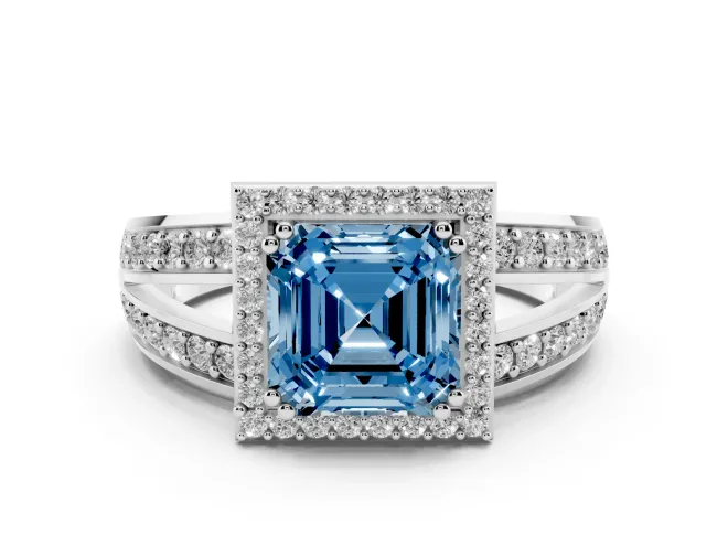 Fancy Blue Asscher Cut Diamond Halo Ring Set in White gold with Double Pavé Split Shank