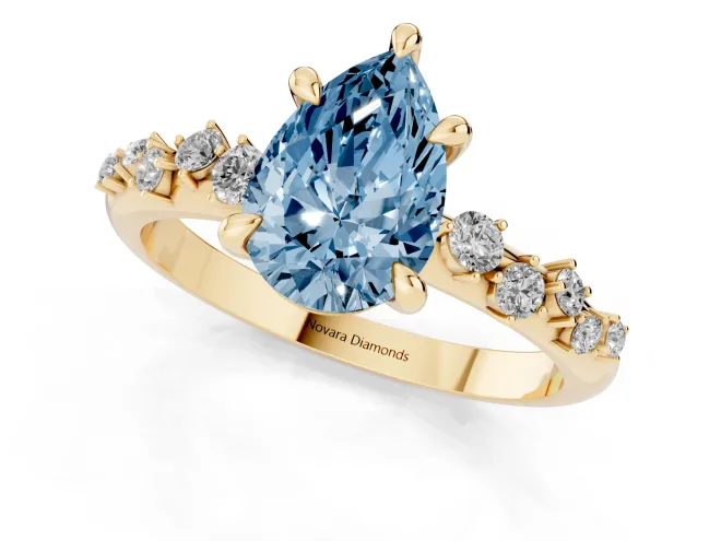 Fancy Blue Pear Cut Diamond Solitaire Vine Band Ring Set in Yellow gold with Round Accents and Prong Setting – second view