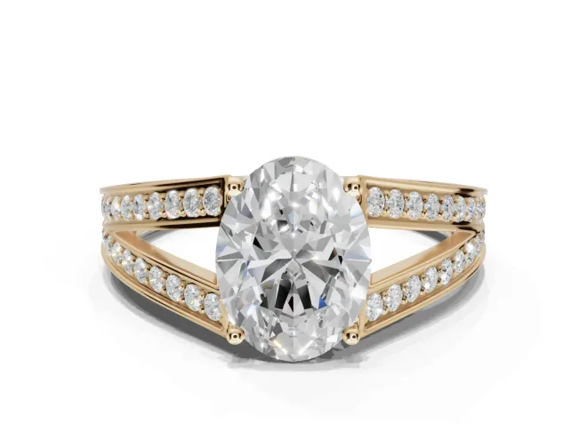 Oval Split Shank Pavé Engagement Ring Setting | Engraved Leaf Sides | Yellow Gold