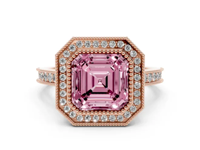 Asscher Cut Vintage Milgrain Halo Engagement Ring Setting for a Fancy Pink Lab-Grown Diamond | Bezel Head | Rose Gold