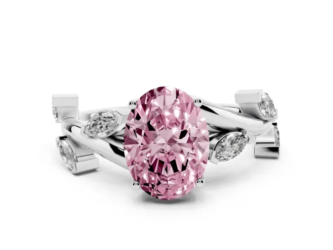 Fancy Pink Oval Cut Diamond Solitaire Ring Set in White gold with Twisted Marquise Accent Band