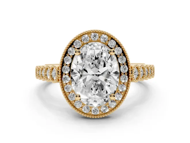 Oval Cut Diamond Milgrain Halo Solitaire Ring Set in Yellow gold with Bezel Set Side Stones and Pavé Band