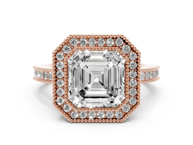 Asscher Cut Vintage Milgrain Halo Engagement Ring Setting | Filigree Gallery | Rose Gold