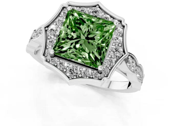 Fancy Green Princess Cut Diamond Halo Engagement Ring Set in Platinum with Milgrain Band and Prong Setting – second view