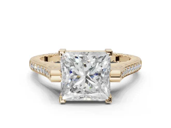 Princess Cut Vintage Cathedral Engagement Ring Setting | Carved Band | Yellow Gold