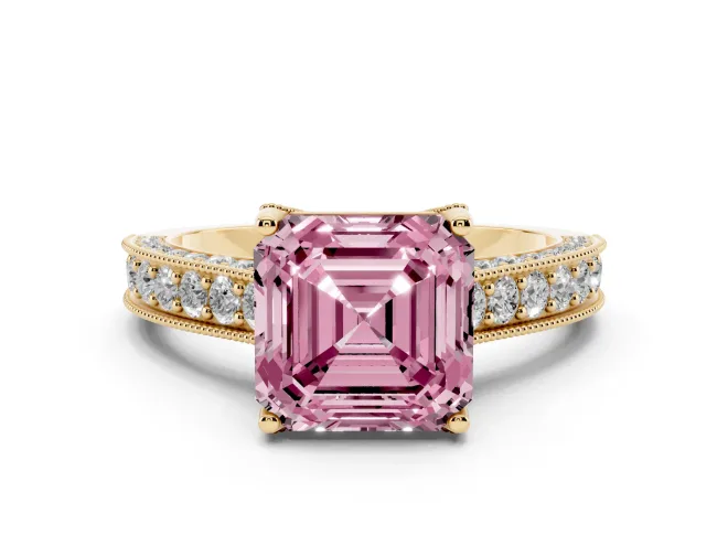 Asscher Cut Hidden Halo Engagement Ring Setting for a Fancy Pink Lab-Grown Diamond | Milgrain Pavé | Yellow Gold