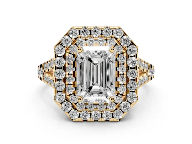 Emerald Cut Diamond Double Halo Ring Set in Yellow gold with Pavé Split Shank and Prong Setting