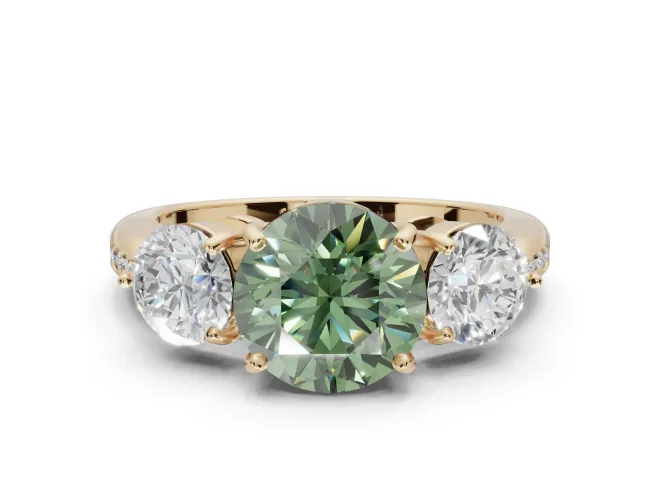 Round Three Stone Engagement Ring Setting for a Fancy Green Lab-Grown Diamond | Tapered Pavé Band | Yellow Gold