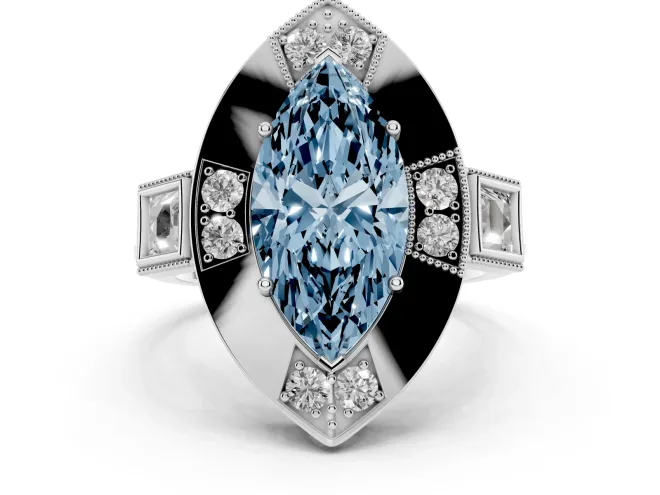 Fancy Blue Marquise Cut Diamond Milgrain Halo Ring Set in White gold with Split Shank