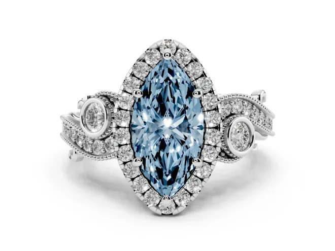 Fancy Blue Marquise Cut Diamond Halo Ring Set in Platinum with Milgrain Pavé Band and Prong Setting