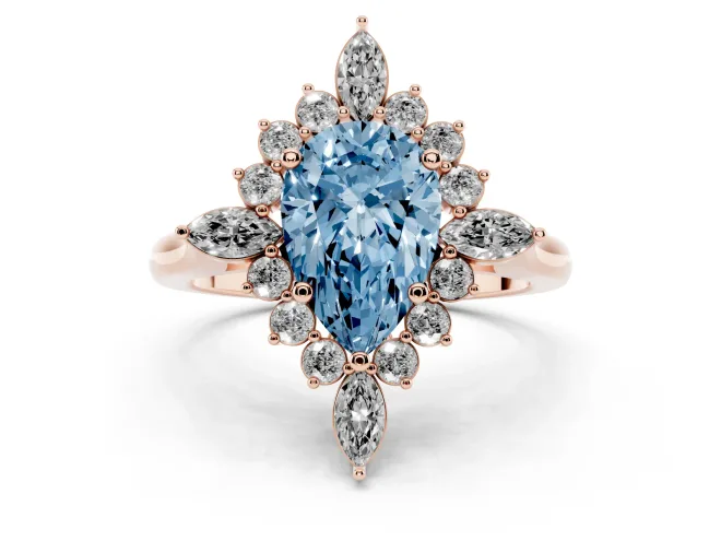 Fancy Blue Pear Cut Diamond Cluster Halo Ring Set in Rose gold with Marquise and Round Accents