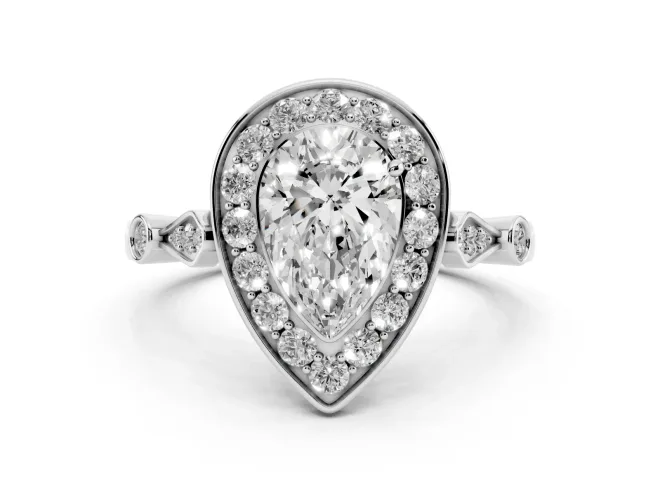 Pear Cut Diamond Halo Engagement Ring Set in White gold with Twisted Band and Prong Setting