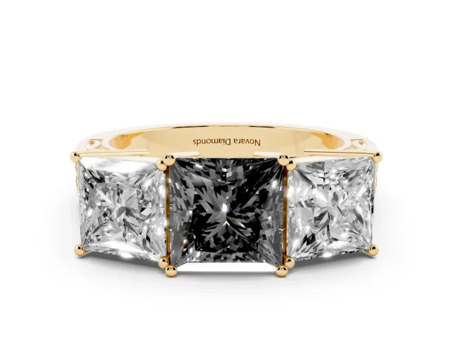 Fancy Black Princess Cut Diamond Three-Stone Ring Set in Yellow gold with Textured Band