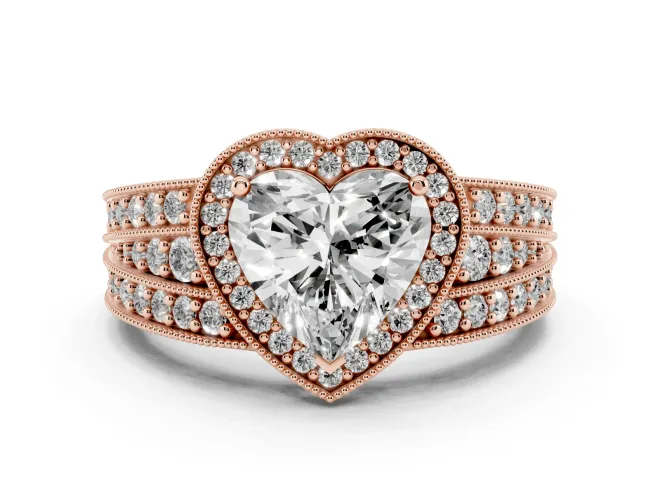 Heart-Shaped Milgrain Halo Engagement Ring Setting | Three-Row Split Shank | Rose Gold