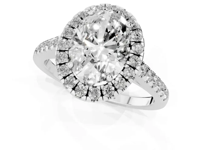 Oval Cut Diamond Pavé Halo Engagement Ring Set in Silver with Pavé Band and Prong Setting – second view