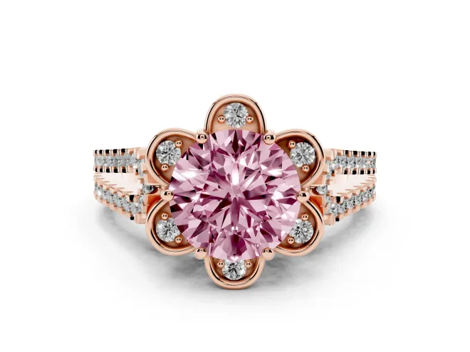 Round Petal Frame Floral Halo Engagement Ring Setting for a Fancy Pink Lab-Grown Diamond | Pavé Split Shank | Rose Gold