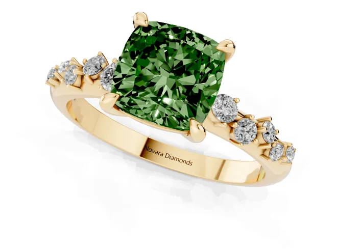 Fancy Green Cushion Cut Diamond Solitaire Vine Band Ring Set in Yellow gold with Round Accents and Prong Setting – second view
