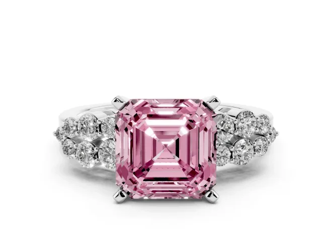 Asscher Cut Side Stone Engagement Ring Setting for a Fancy Pink Lab-Grown Diamond | Shoulder Clusters | White Gold