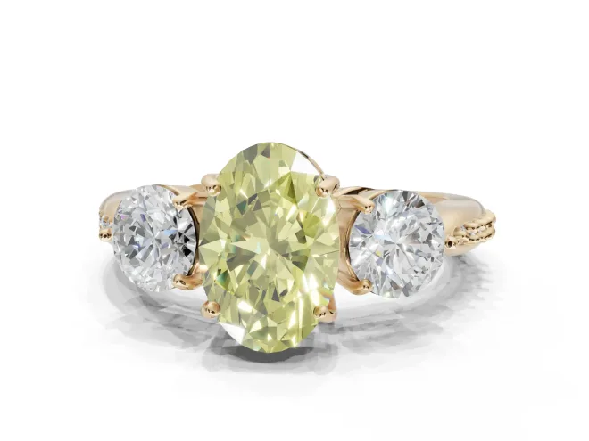 Oval Three Stone Engagement Ring Setting for a Fancy Yellow Lab-Grown Diamond | Tapered Pavé Band | Yellow Gold