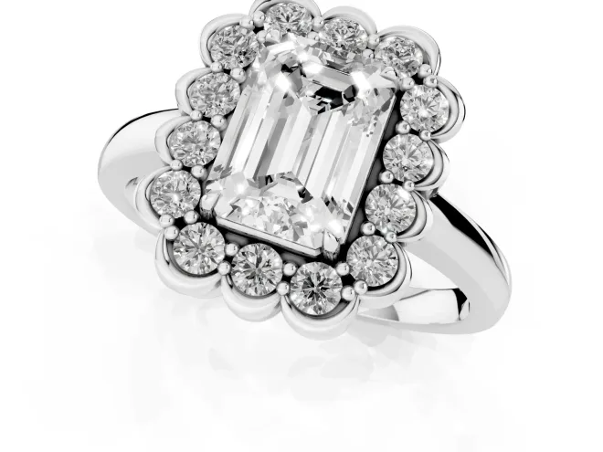 Emerald Cut Diamond Halo Cluster Engagement Ring Set in White gold with Solitaire Band and Prong Setting – second view