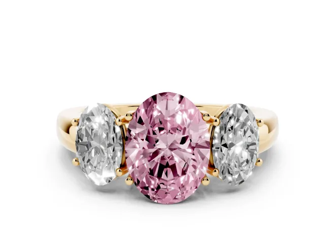 Oval Three Stone Engagement Ring Setting for a Fancy Pink Lab-Grown Diamond | Matching Side Stones | Yellow Gold
