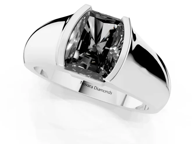 Fancy Black Radiant Cut Diamond Bezel Solitaire Ring Set in White gold with Wide Band – second view