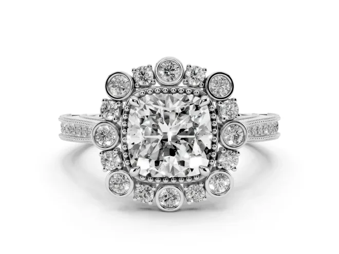 Cushion Cut Vintage Scalloped Halo Engagement Ring Setting | Milgrain Pavé Band | Sterling Silver