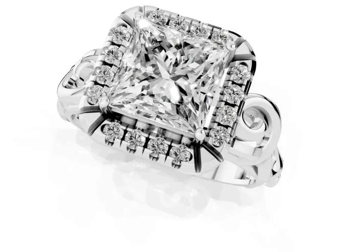 Princess Cut Diamond Halo Ring Set in Platinum with Scrollwork Band and Prong Setting – second view
