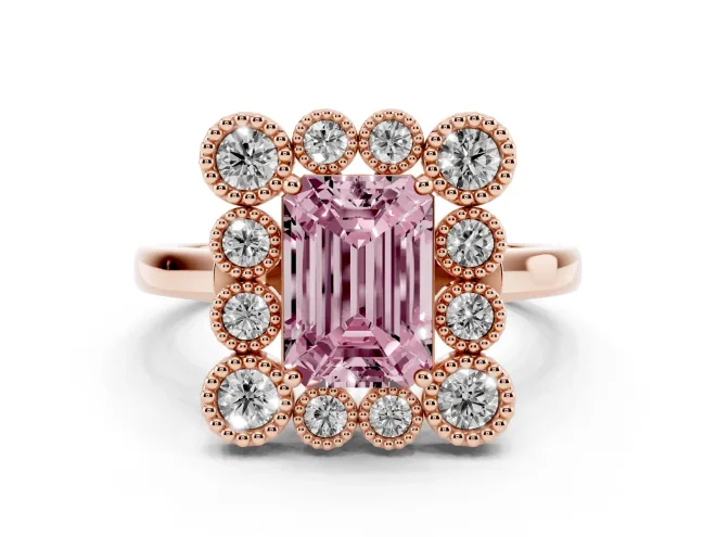 Emerald Cut Milgrain Cluster Halo Engagement Ring Setting for a Fancy Pink Lab-Grown Diamond | Plain Band | Rose Gold