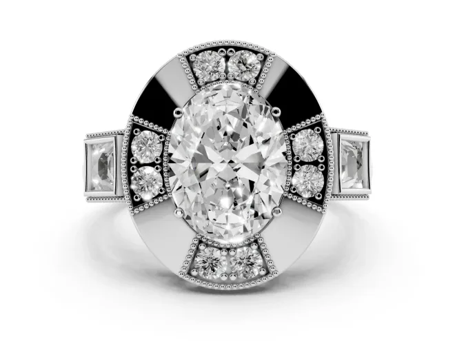 Oval Cut Diamond Milgrain Halo Ring Set in White gold with Split Shank