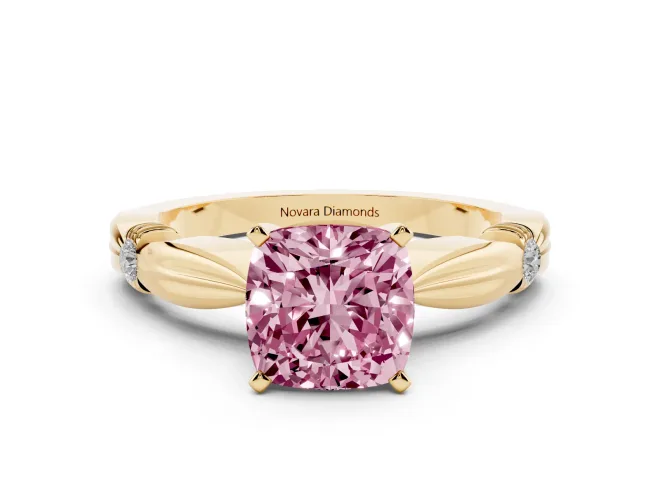 Fancy Pink Cushion Cut Diamond Solitaire Twisted Band Ring Set in Yellow gold with Accent Stones and Prong Setting