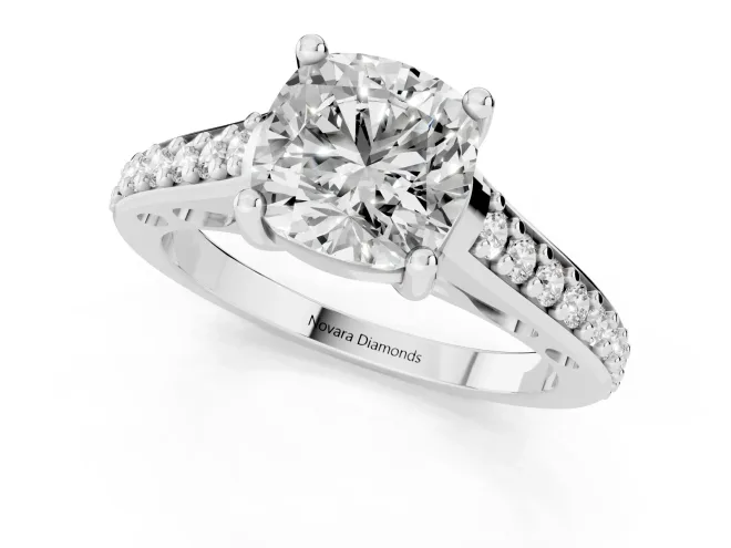 Cushion Cut Diamond Prong Set Solitaire Engagement Ring Set in White gold with Pavé Band – second view