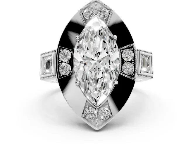 Marquise Cut Diamond Milgrain Halo Ring Set in White gold with Split Shank
