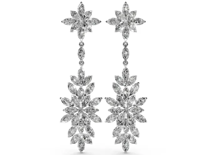 Marquise Lab-Grown Diamond Floral Cluster Drop Earrings | Flower Top and Spray | Sterling Silver