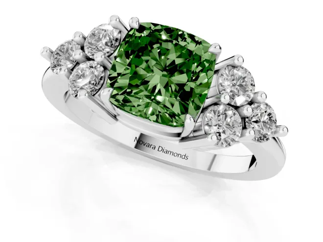 Fancy Green Cushion Cut Diamond Solitaire Ring Set in Platinum with Cluster Accents on Each Side – second view