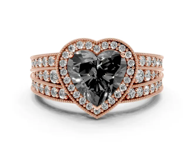 Heart-Shaped Milgrain Halo Engagement Ring Setting for a Black Center | Split Shank | Rose Gold