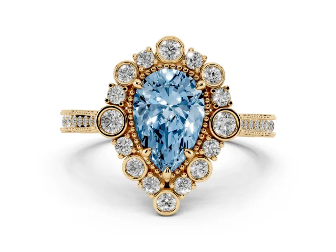 Pear-Shaped Scalloped Halo Engagement Ring Setting for a Fancy Blue Lab-Grown Diamond | Milgrain Edges | Yellow Gold