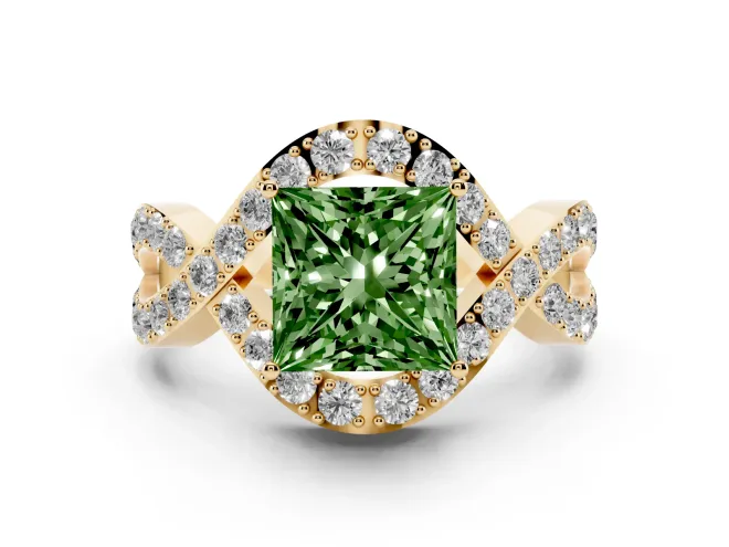 Princess Cut Infinity Twist Engagement Ring Setting for a Fancy Green Lab-Grown Diamond | Pavé Ribbons | Yellow Gold