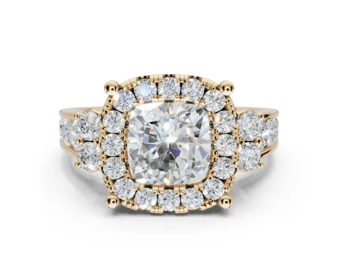 Cushion Cut Halo Side Cluster Engagement Ring Setting | Graduated Channel Band | Yellow Gold